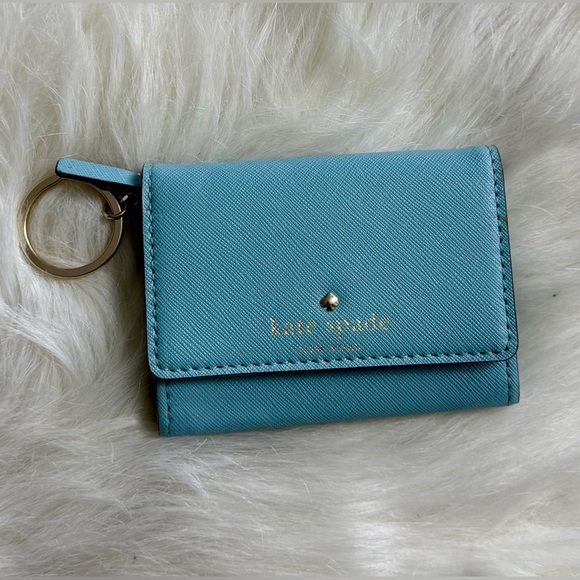 kate spade light Blue Key Card Holder bifold wallet coin polka dot interior - Picture 1 of 4